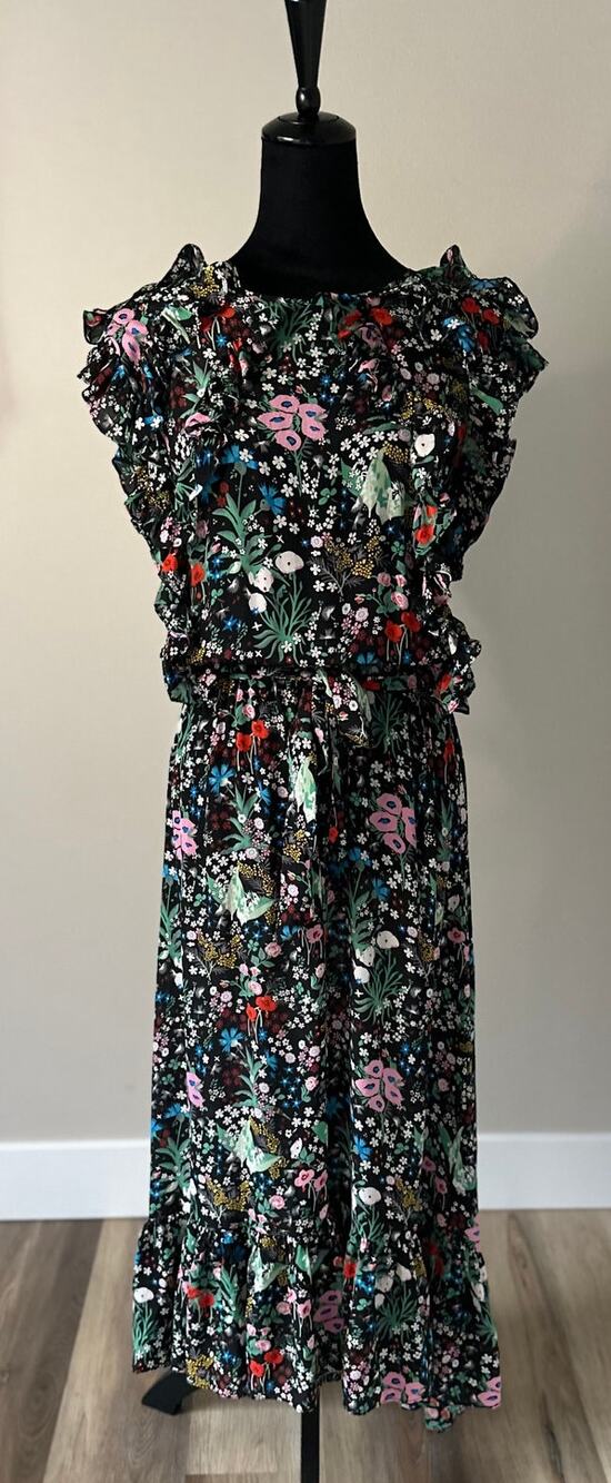 LOVE BINETTI Black Floral Ruffled Silk Belted Drop Waist Maxi Dress Size M